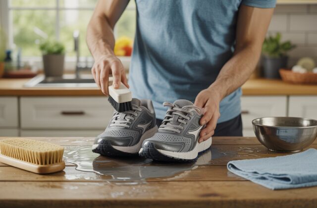 Person scrubbing gray running shoes with a brush and soapy water on a wooden table, demonstrating the best way to clean running shoes at home.