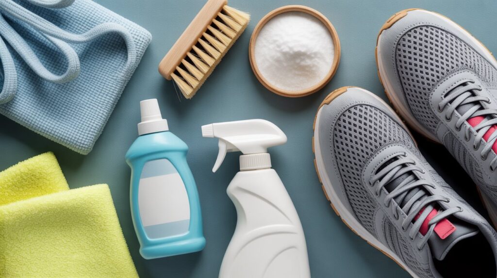 Flat lay of running shoe cleaning tools including brush, detergent, spray bottle, microfiber cloth, and gray running shoes, showing essentials for the best way to clean running shoes.