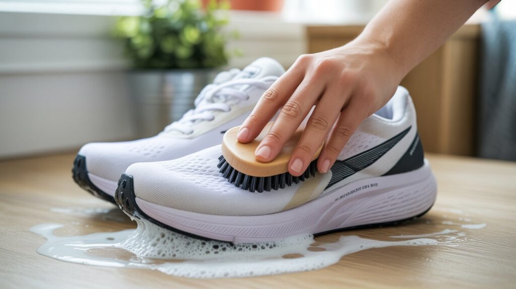 Close-up of hand gently scrubbing white running shoes with a soft brush and soapy water, showing the best way to clean running shoes safely.