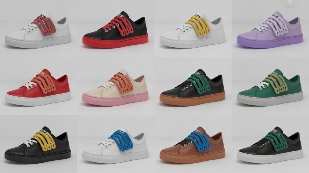 Collection of colorful plastic shoelace bar styles installed on different casual sneakers in various color combinations.