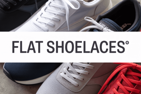 Flat shoelaces on sneakers in multiple colors, showing durable no-slip flat laces for running shoes and everyday wear