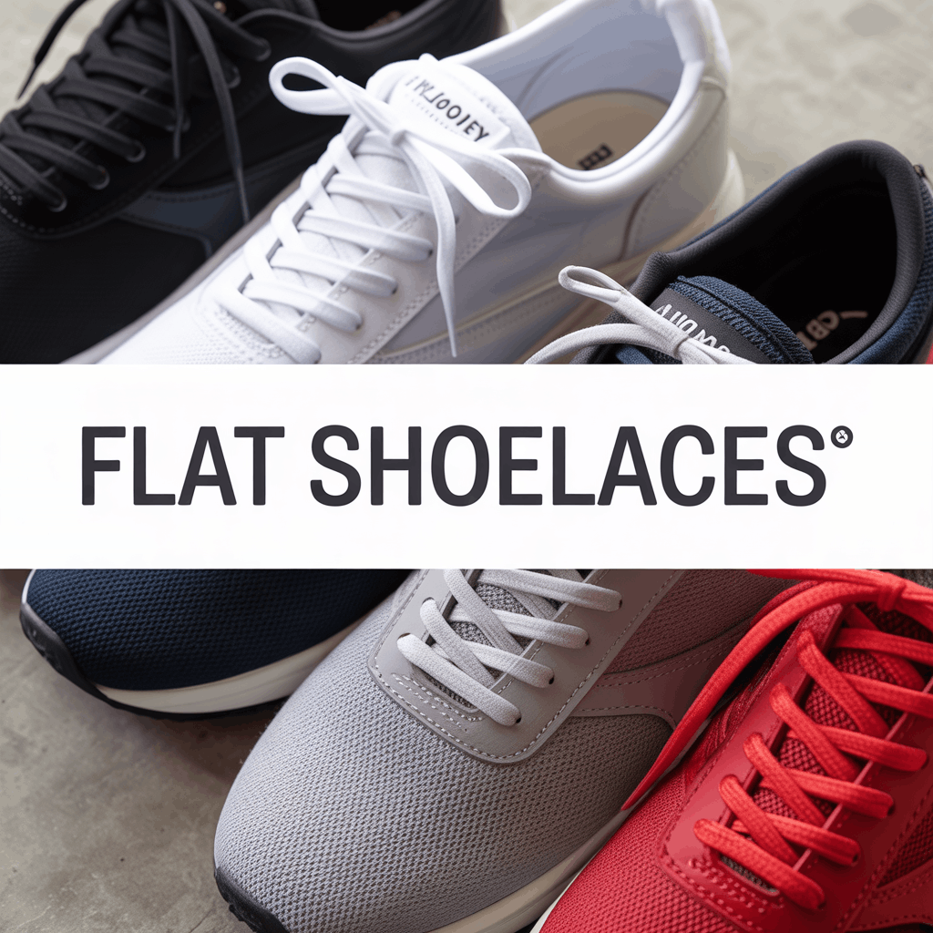 Flat shoelaces on sneakers in multiple colors, showing durable no-slip flat laces for running shoes and everyday wear