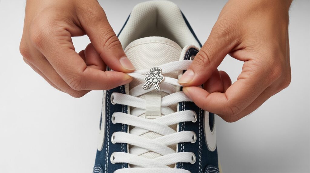 Hands attaching a shoelace charm to white flat sneaker laces in a step-by-step installation guide