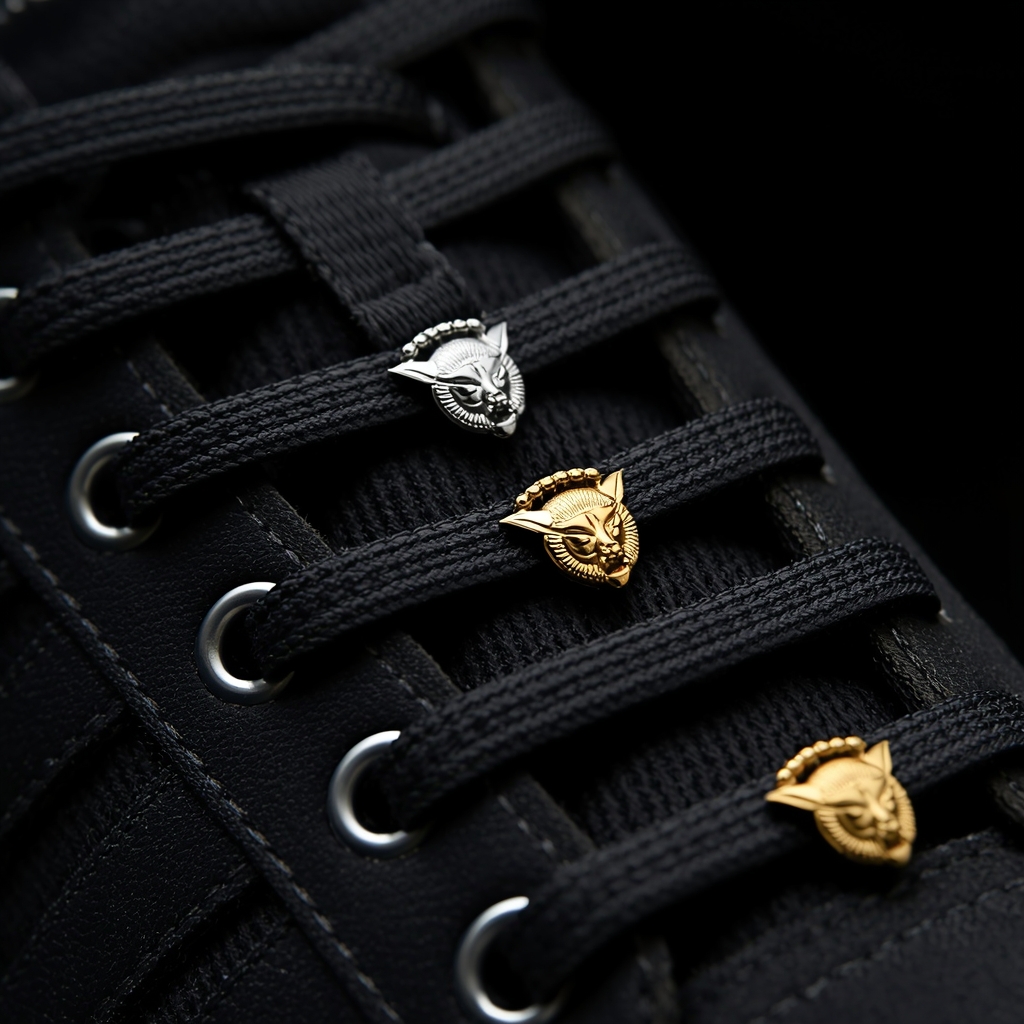 Luxury gold and silver metal shoelace charms attached to black sneaker laces in a close-up detailed view