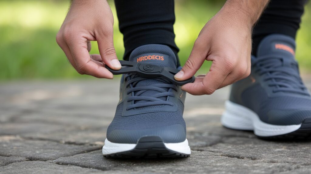 Hands installing a magnetic shoelace bar on gray running shoes for quick and secure lace locking.