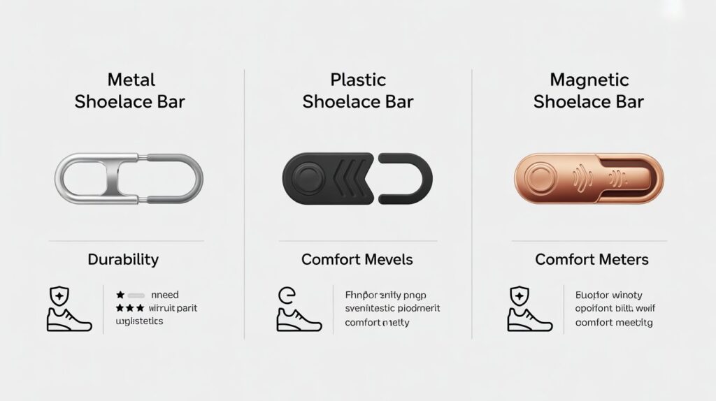 Comparison of shoelace bar types including metal, plastic, and magnetic shoelace bars showing durability and comfort features.