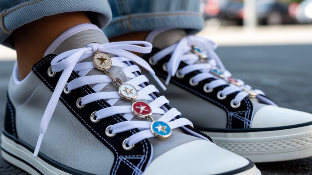 Close-up of stylish sneakers with metal shoelace charms attached to white flat laces, trendy 2026 sneaker accessory design