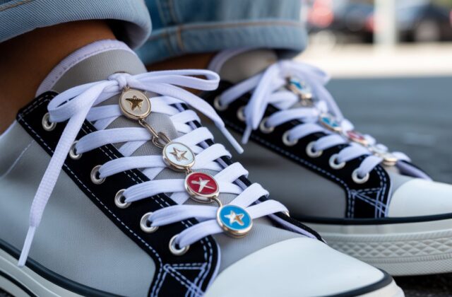 Close-up of stylish sneakers with metal shoelace charms attached to white flat laces, trendy 2026 sneaker accessory design