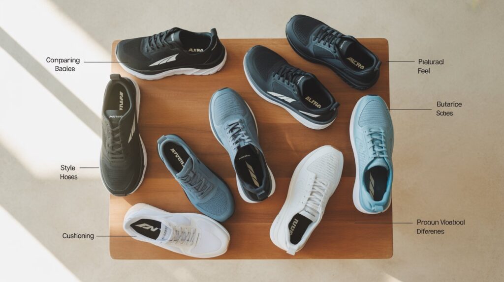Comparison of the best Altra shoe for walking showing different styles, cushioning, and fit options on a table