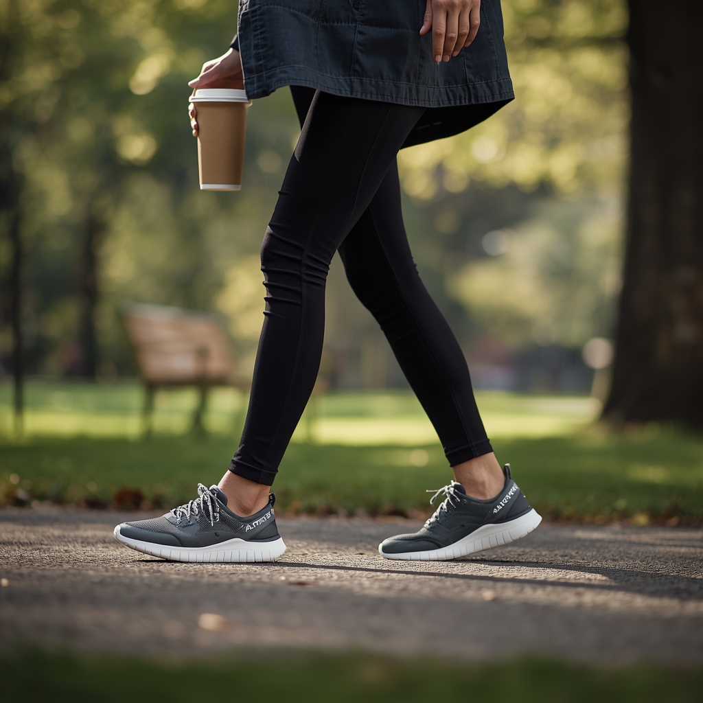 Person walking in a park wearing the best Altra shoe for walking while holding a coffee cup