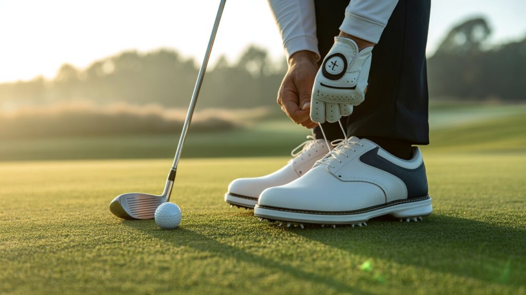 Best golf shoes worn by a golfer tying laces on the golf course before a game