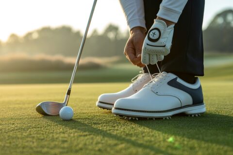 Best golf shoes worn by a golfer tying laces on the golf course before a game