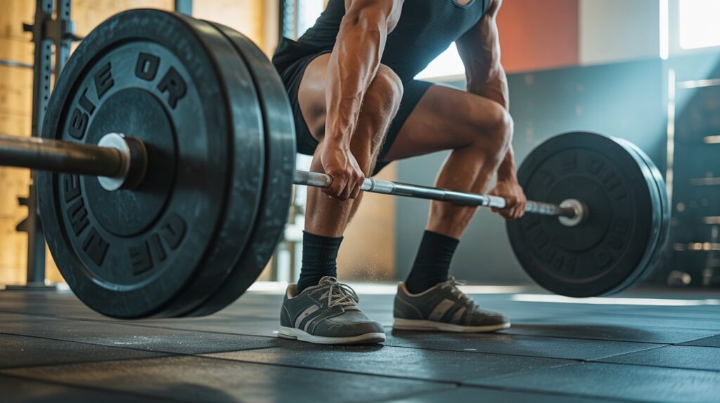 “athlete performing a heavy barbell deadlift wearing best lifting shoes for stability and strength training in the gym”