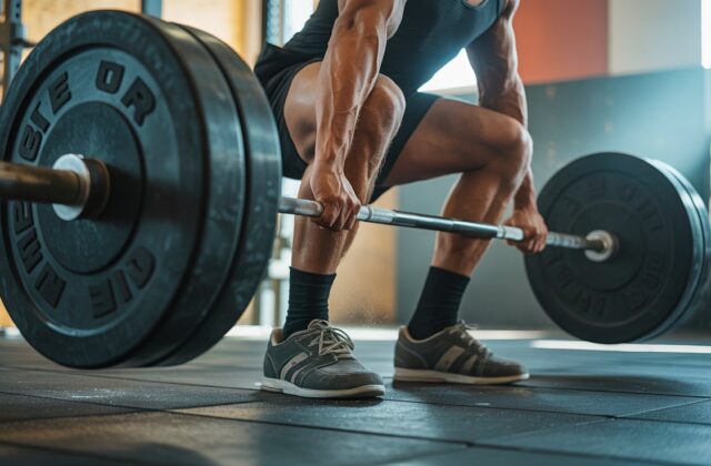 “athlete performing a heavy barbell deadlift wearing best lifting shoes for stability and strength training in the gym”