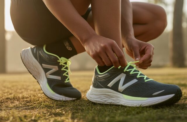 Runner tying New Balance running shoes with thick cushioned soles and arch support, showing best New Balance shoes for plantar fasciitis during outdoor workout.