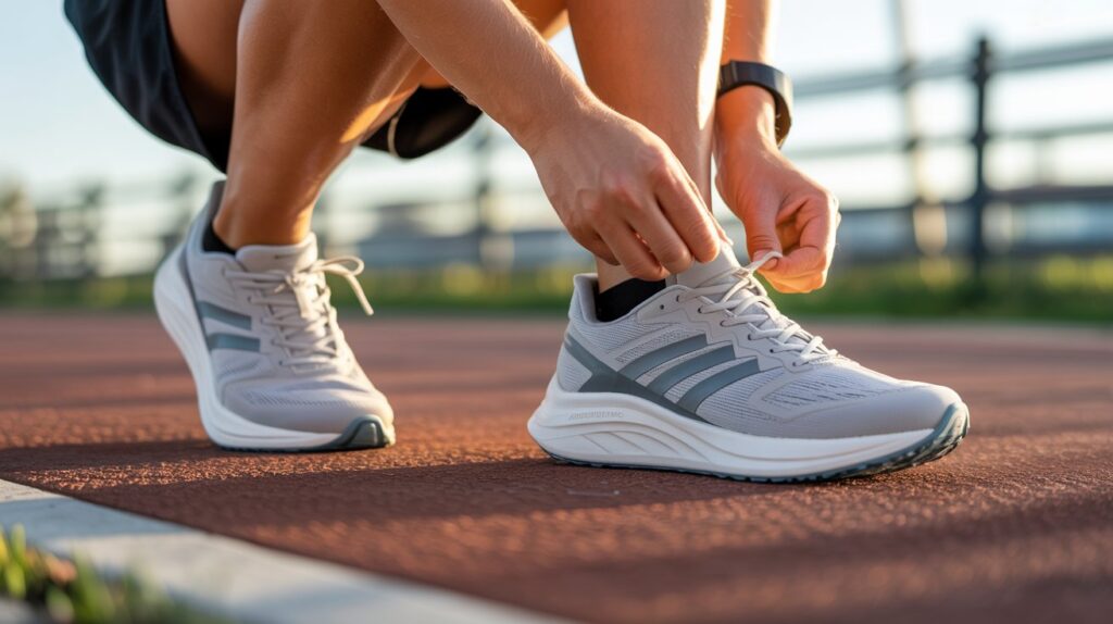 Beginner tying the best running shoes, showcasing comfort and support for new runners on a sunny urban track