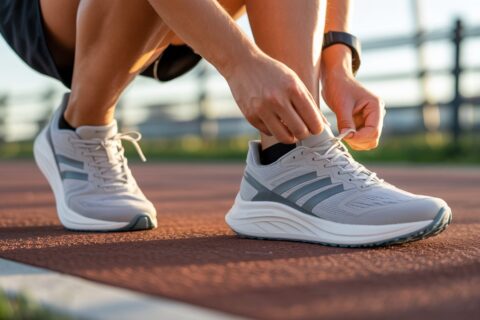 Beginner tying the best running shoes, showcasing comfort and support for new runners on a sunny urban track