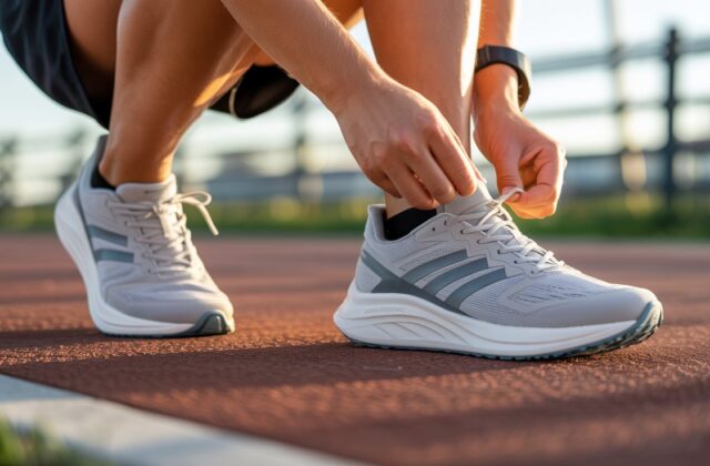 Beginner tying the best running shoes, showcasing comfort and support for new runners on a sunny urban track