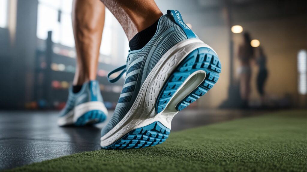Close-up of high-performance running shoes designed for HYROX training, showing durable outsole grip and cushioned sole for indoor competition workouts.