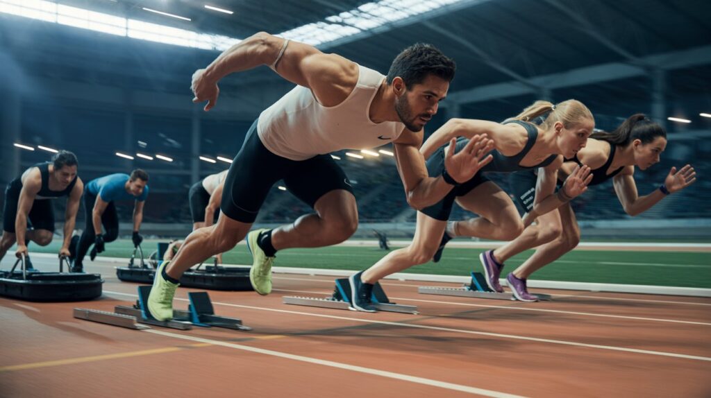 Athletes sprinting during a HYROX race event wearing the best running shoes for hyrox performance and indoor competition training.
