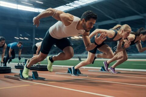 Athletes sprinting during a HYROX race event wearing the best running shoes for hyrox performance and indoor competition training.