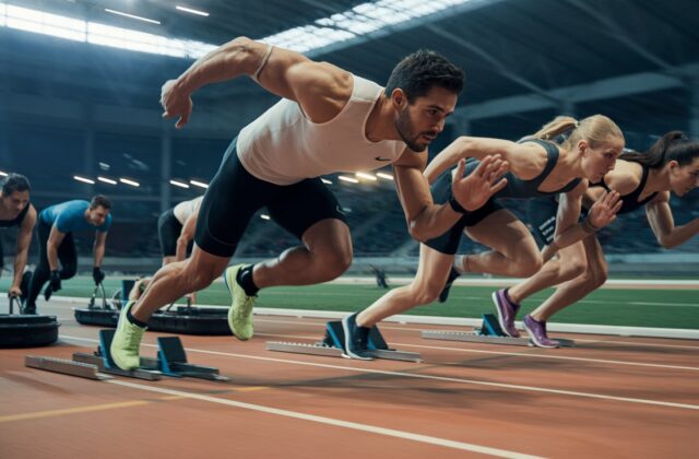 Athletes sprinting during a HYROX race event wearing the best running shoes for hyrox performance and indoor competition training.