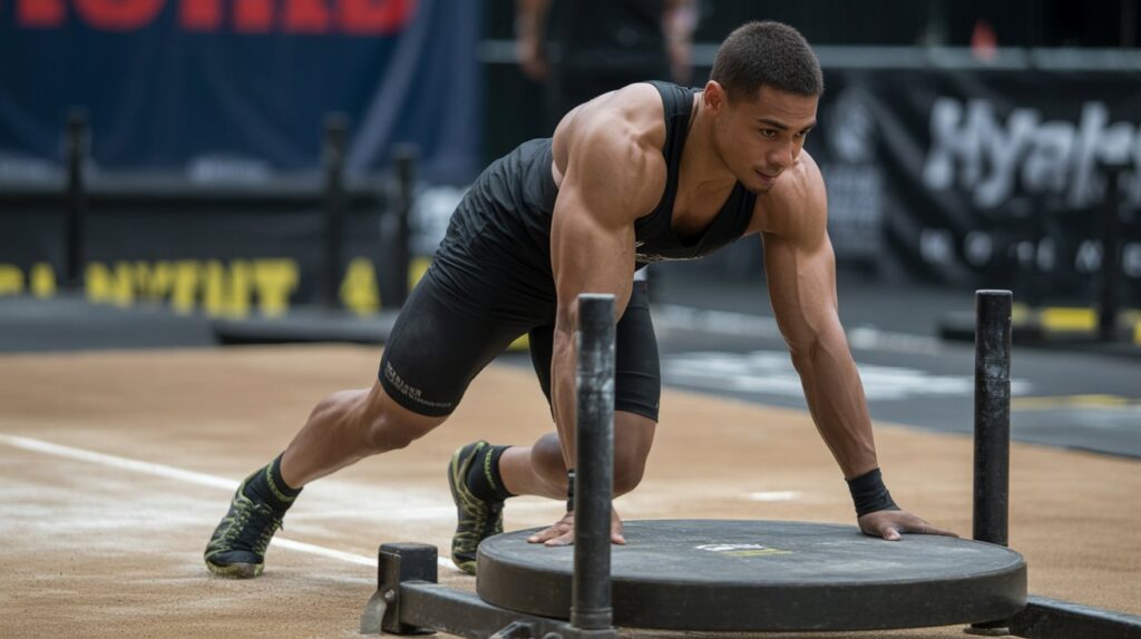 Athlete performing sled push during a HYROX workout wearing the best running shoes for hyrox with strong grip and stability for functional fitness events.