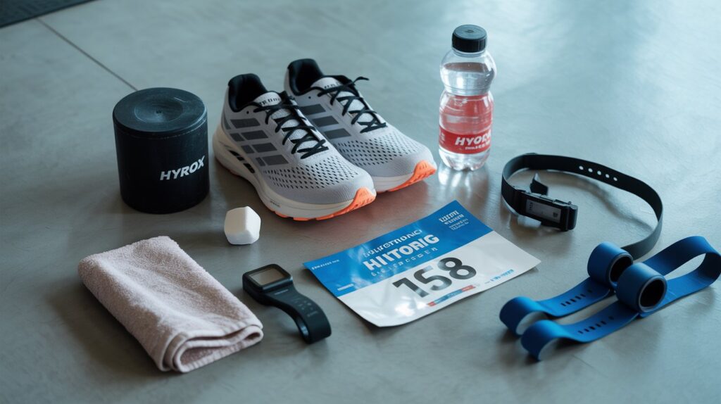 Best running shoes for Hyrox competition with race bib, fitness tracker, water bottle, towel, and resistance bands arranged on gym floor.