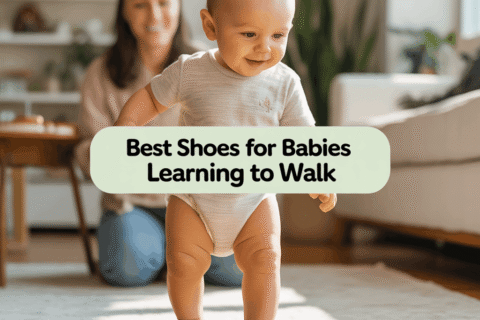 Baby taking first steps on hardwood floor wearing soft non-slip shoes, best shoes for babies learning to walk indoors