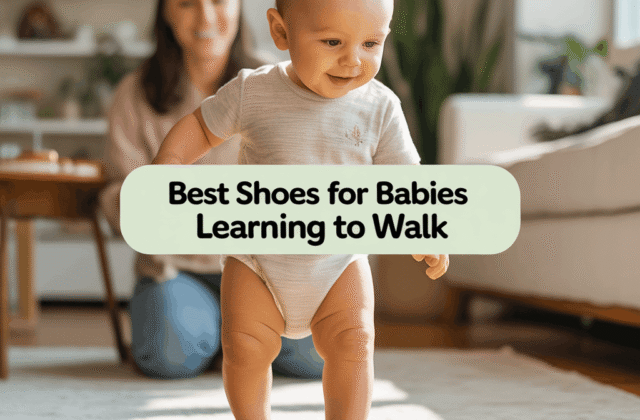 Baby taking first steps on hardwood floor wearing soft non-slip shoes, best shoes for babies learning to walk indoors
