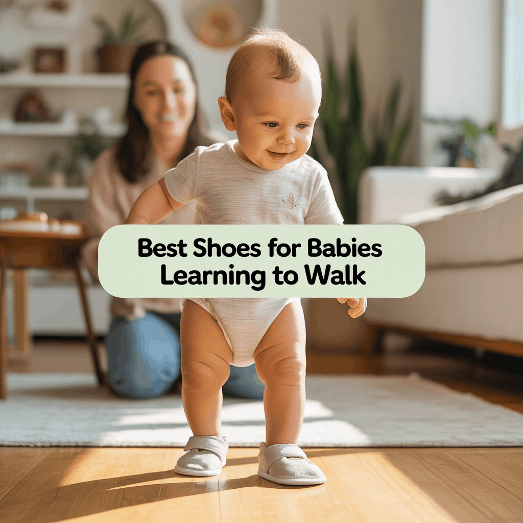 Baby taking first steps on hardwood floor wearing soft non-slip shoes, best shoes for babies learning to walk indoors