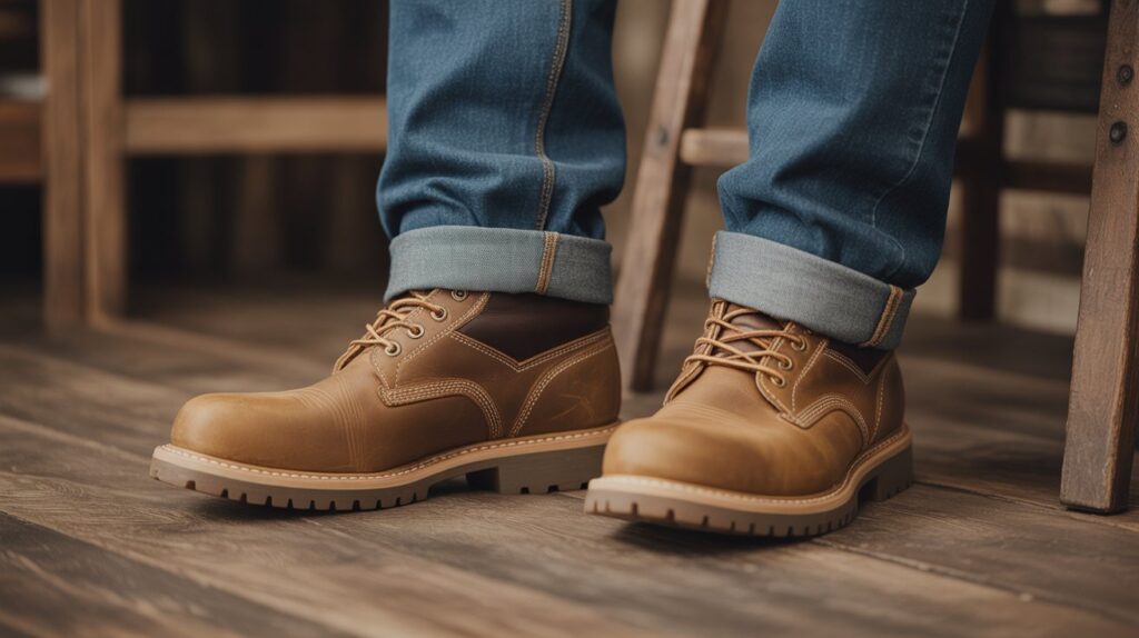 Best shoes to wear with jeans – brown leather casual boots paired with rolled denim jeans