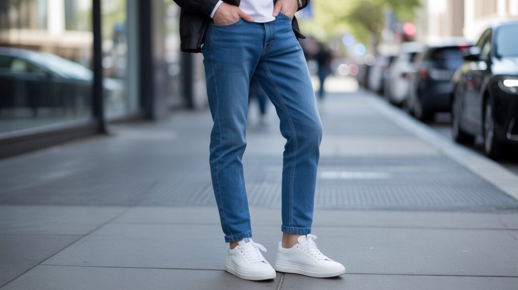 Man wearing white sneakers with blue jeans on a city street – best shoes to wear with jeans for a casual stylish look