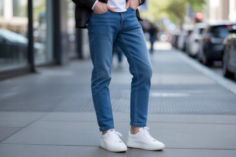 Man wearing white sneakers with blue jeans on a city street – best shoes to wear with jeans for a casual stylish look