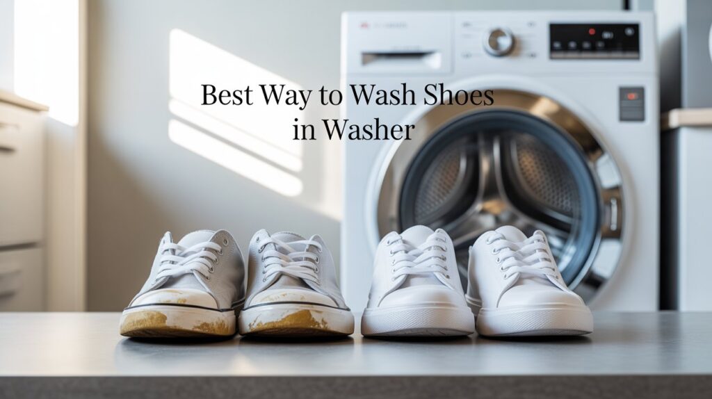 Before and after comparison of dirty and clean white sneakers placed in front of a washing machine, showing the best way to wash shoes in washer safely without damage or shrinking