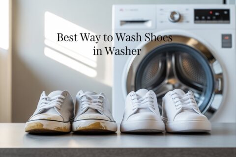 Before and after comparison of dirty and clean white sneakers placed in front of a washing machine, showing the best way to wash shoes in washer safely without damage or shrinking