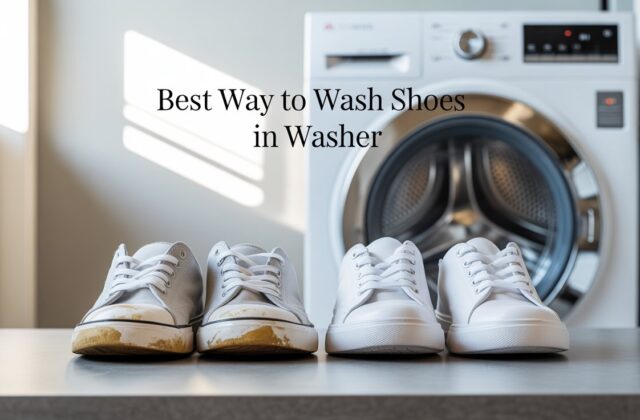 Before and after comparison of dirty and clean white sneakers placed in front of a washing machine, showing the best way to wash shoes in washer safely without damage or shrinking