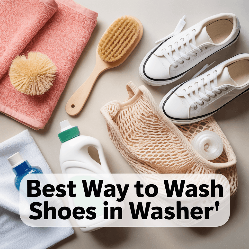 Best way to wash shoes in washer with sneakers, laundry bag, brush, detergent, and cleaning tools neatly arranged for safe washing.