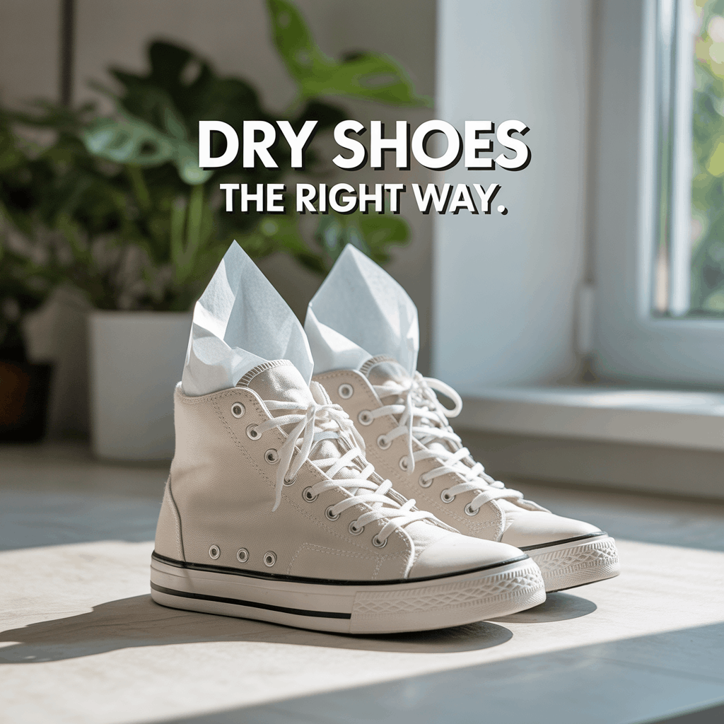 White sneakers drying the right way indoors with paper stuffed inside to absorb moisture and maintain shape.