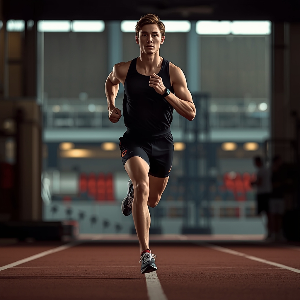 Male athlete running on indoor track during Hyrox training session, wearing black running gear and smartwatch.
