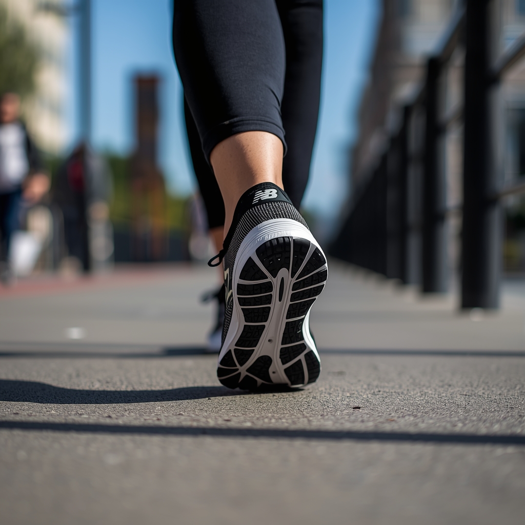 Person walking comfortably in New Balance shoes designed for plantar fasciitis support and cushioned everyday walking comfort