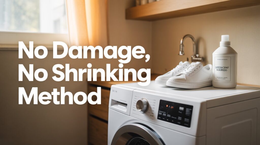 Clean white sneakers placed on top of a washing machine with detergent, showing a no damage, no shrinking method for washing shoes in washer