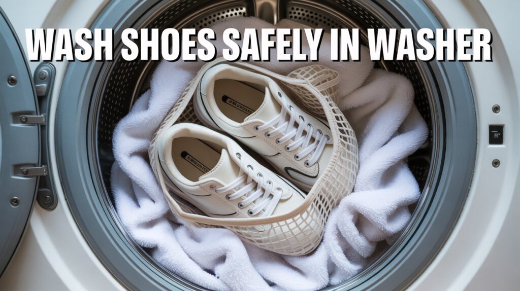 White sneakers placed inside a mesh laundry bag with towels in a washing machine, demonstrating how to wash shoes safely in washer without damage