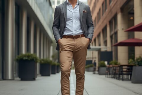 Man wearing stylish brown casual dress shoes with smart casual outfit walking in a modern city street