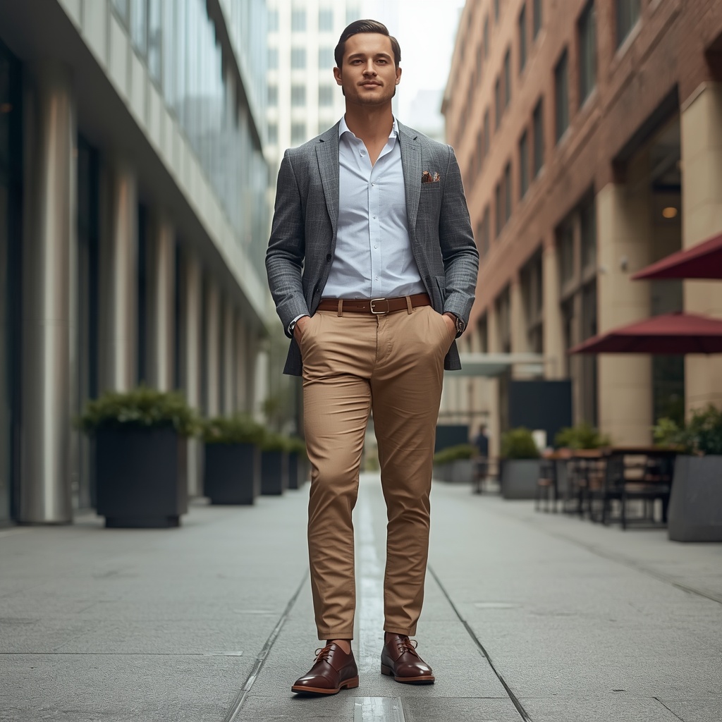 Man wearing stylish brown casual dress shoes with smart casual outfit walking in a modern city street