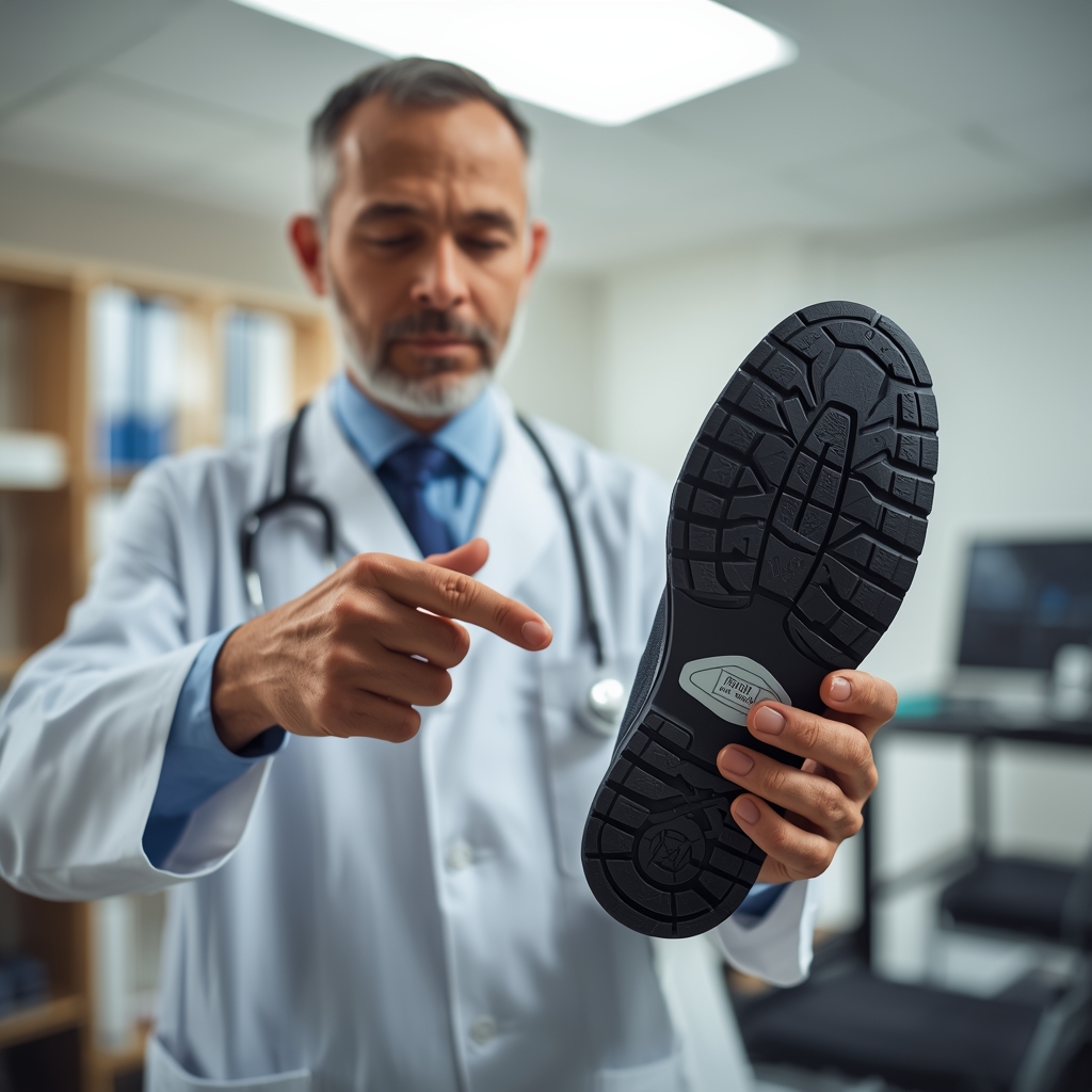 Doctor examining the sole of best diabetic shoes for men highlighting cushioning, grip, and foot support features