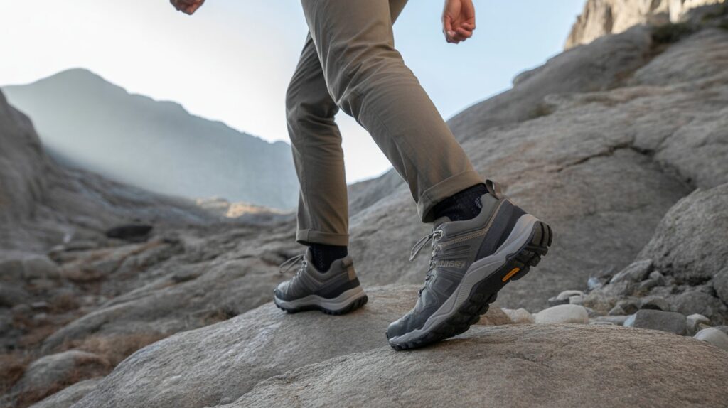 Man hiking on rocky terrain wearing the best grounding shoes for men designed for stability, grip, and natural foot movement