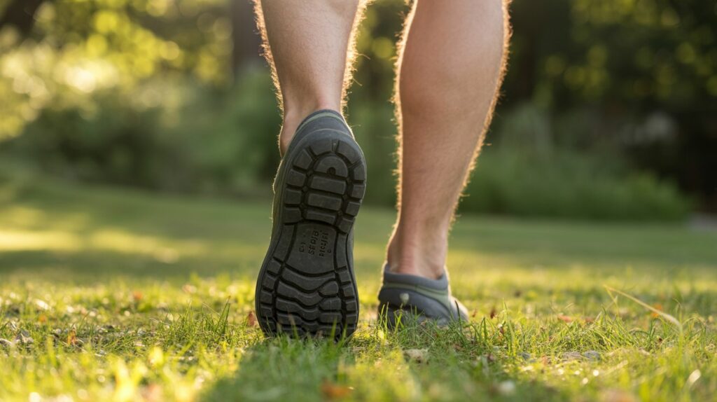 Best grounding shoes for men walking on grass showing natural movement and ground connection outdoors