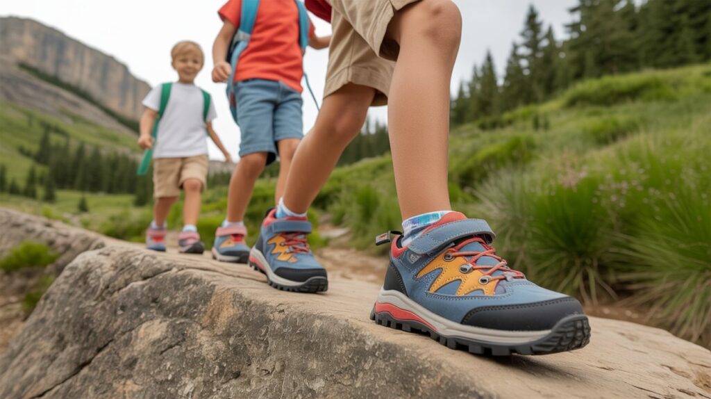 Kids wearing durable hiking shoes walking on a rocky mountain trail, showing strong grip and comfort for outdoor adventures