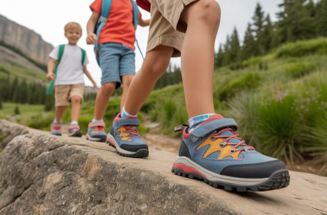 Kids wearing durable hiking shoes walking on a rocky mountain trail, showing strong grip and comfort for outdoor adventures